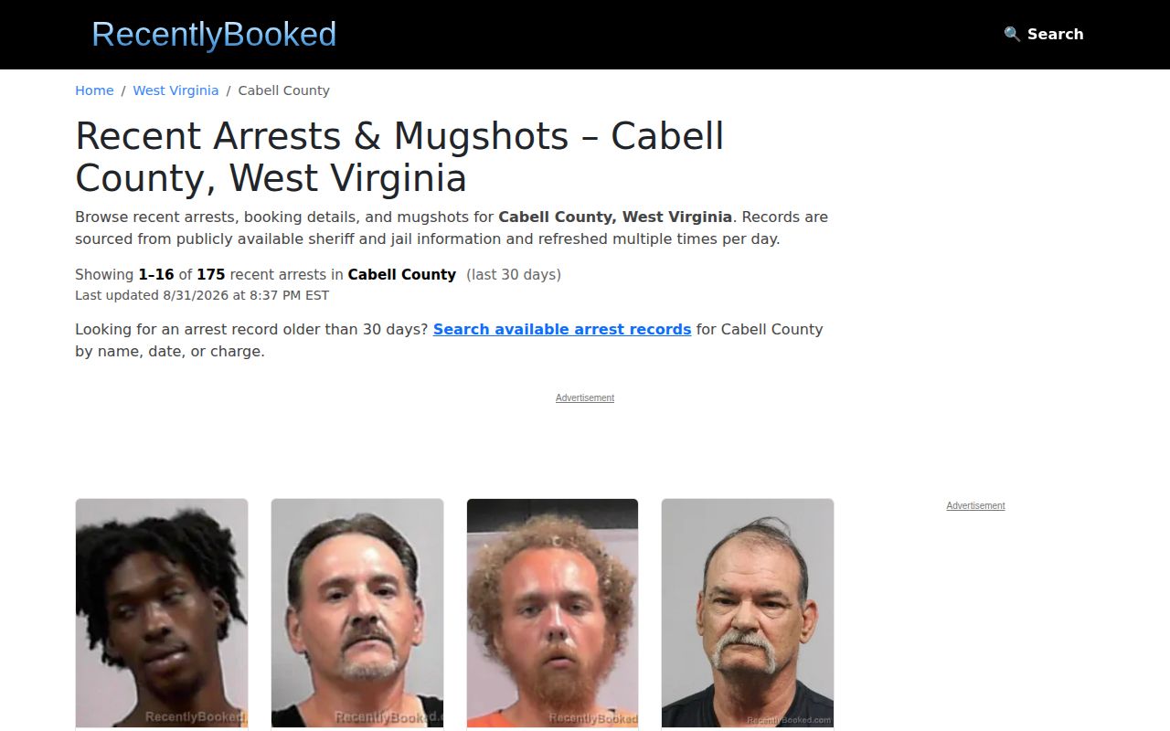 Cabell County crime news secondary booking index screenshot for official record verification context