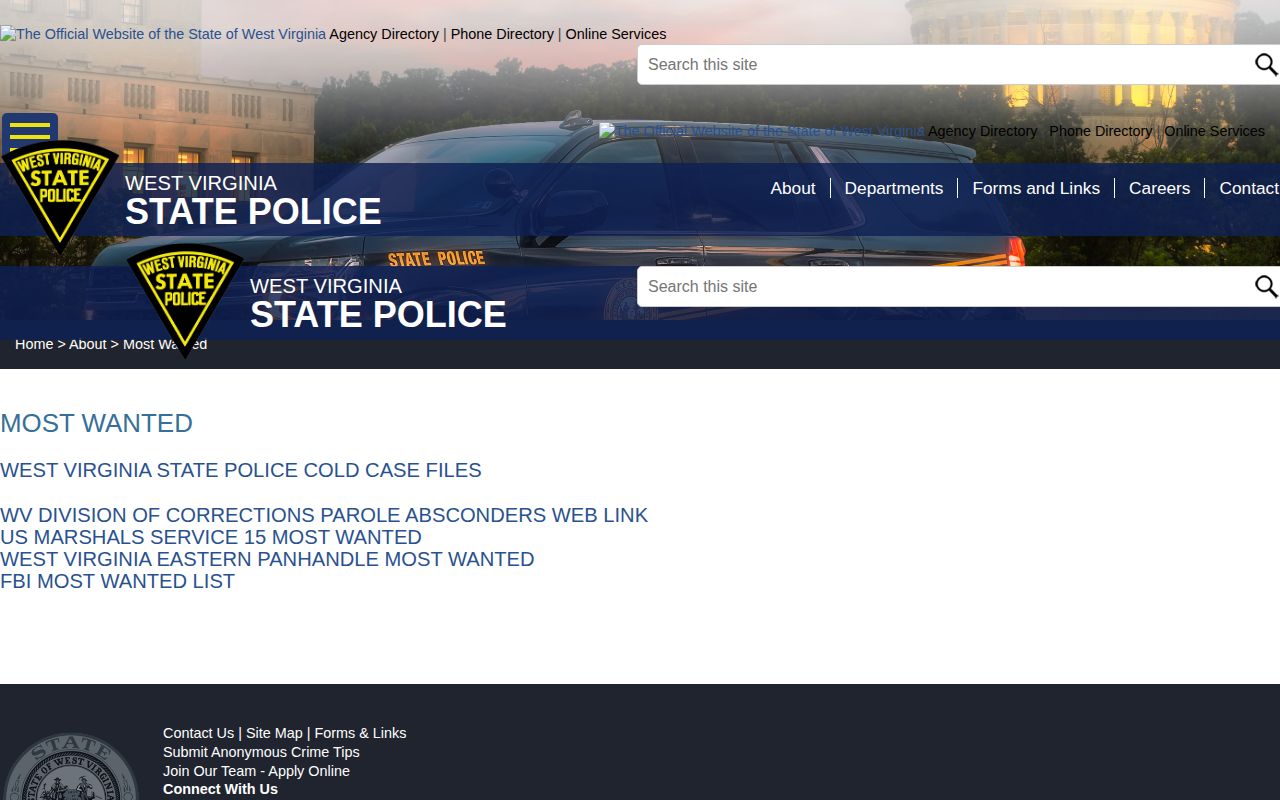 Cabell County warrant check reference showing the West Virginia statewide official wanted resources